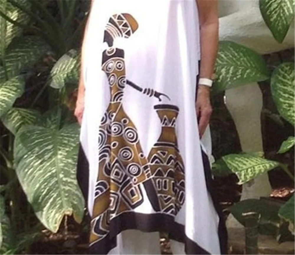

2021 Summer New Retro One-piece Printed Strapless Sling Mid-length Dress Cute Pattern Dress