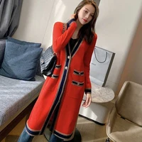 women long cardigan 2020 designer v neck single breasted pockets red cardigan oversized sweater knitted coat outerwear b059