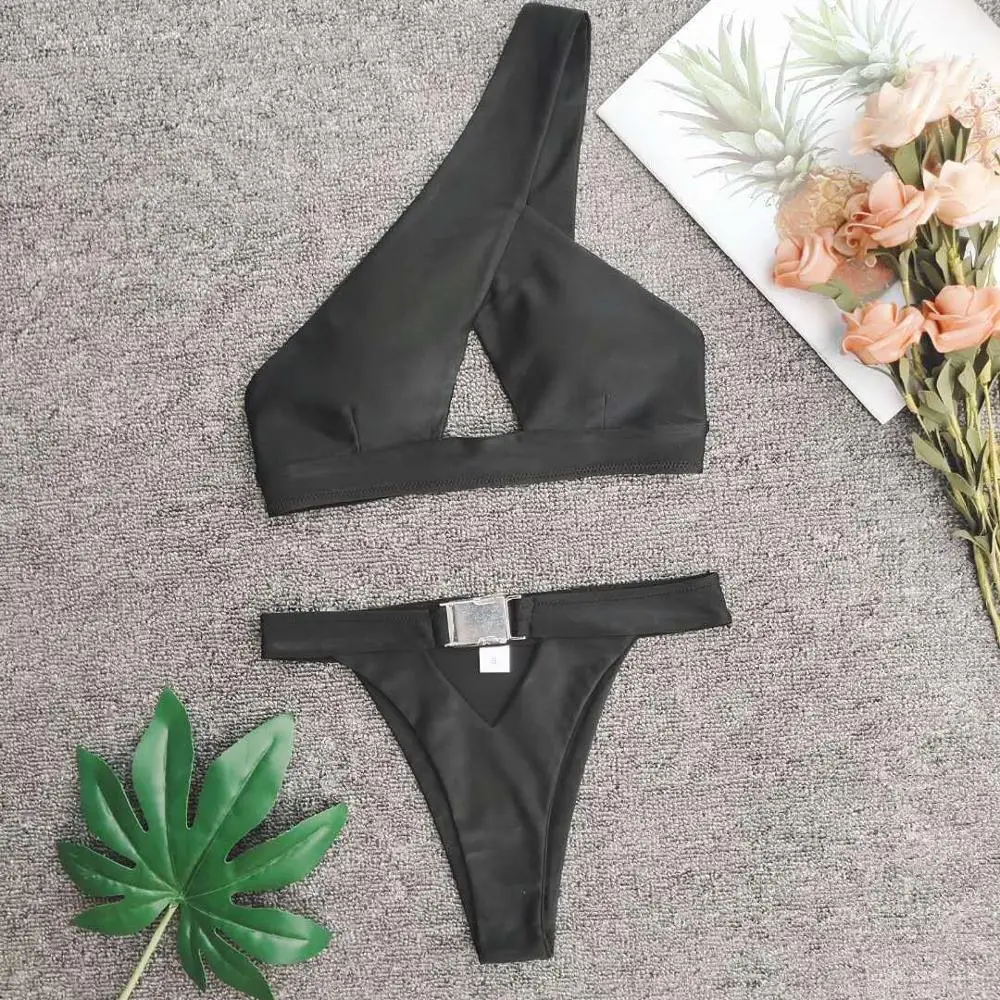 Бикини на плечо 2020 купальник с высоким вырезом и пряжкой сексуальные стринги