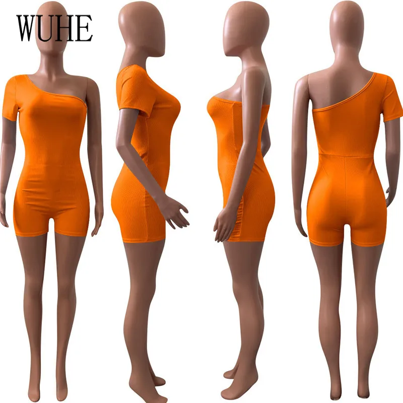 

WUHE Rib Knit Rompers Strapless One Shoulder Short Sleeve Package Hip Skinny Joggers Sports Fitness Casual Summer Overalls