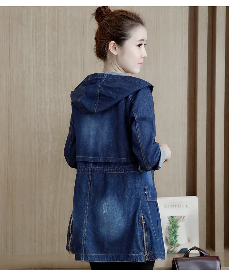 Женская джинсовая куртка с капюшоном осенняя Повседневная Свободная длинная на