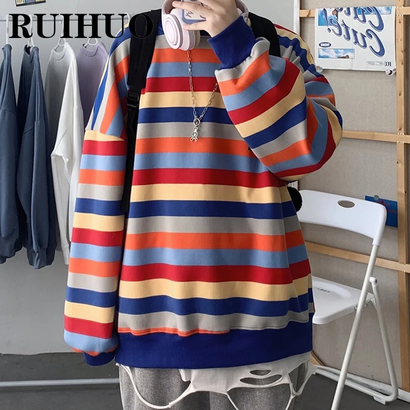 

RUIHUO Casual Striped Sweatshirts Men Clothing Harajuku Sweatshirt Men M-2XL 2021 Autumn New Arrivals