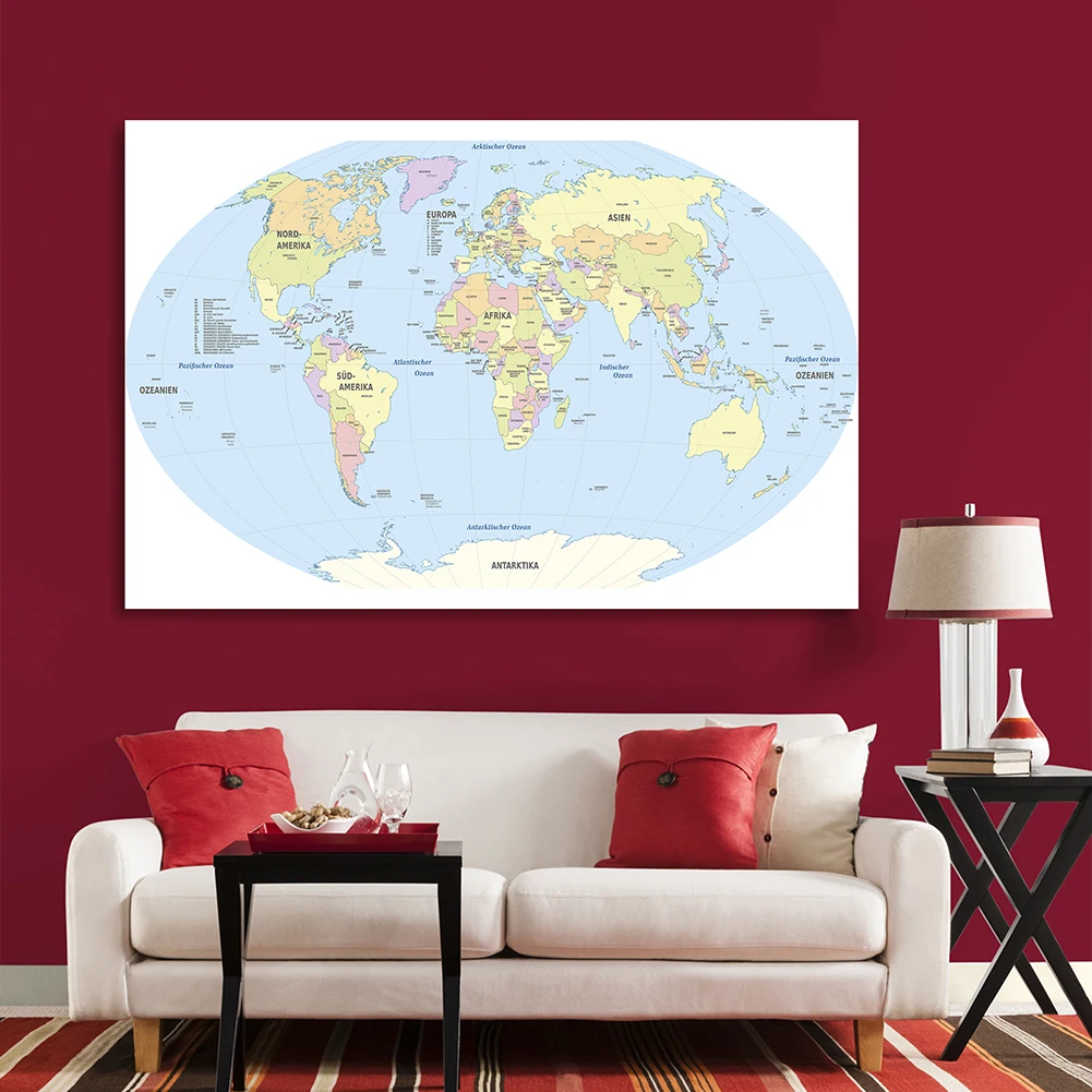 

225*150cm The World Political Map In German Large Wall Poster Non-woven Vinyl Canvas Painting School Supplies Home Decoration