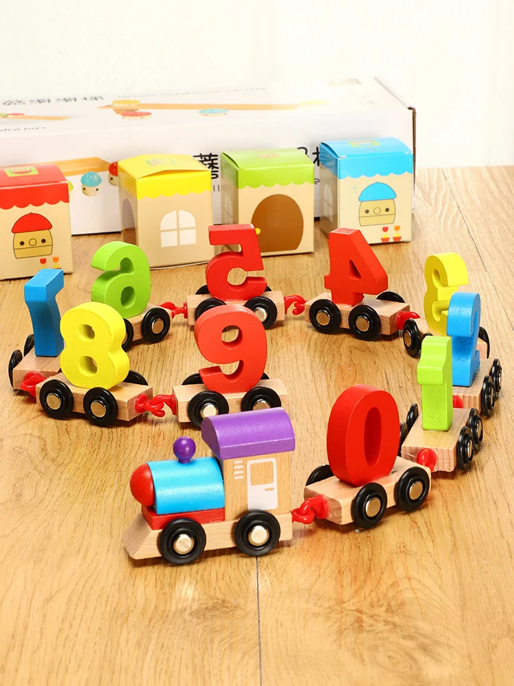 

Children's Wooden digital small train assembly combination early education wooden drag intelligent building block toy car 1-3-6