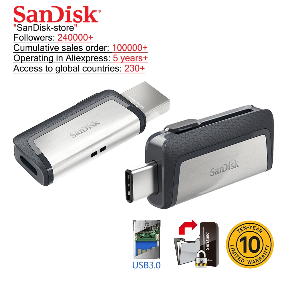 Sandisk 128 ГБ экстремально высокая скорость Type-C USB3.1 двойной OTG USB флеш-накопитель 64