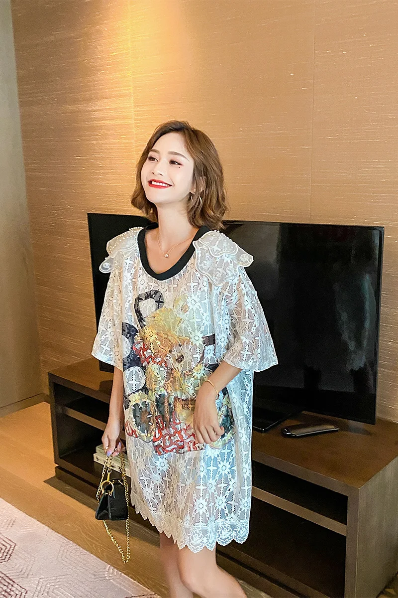 

Women Short Sleeve Round Neck T Shirt 2021 Summer New Lace Beaded T Shirt Female Hollow Out See Through Pullover Blouse