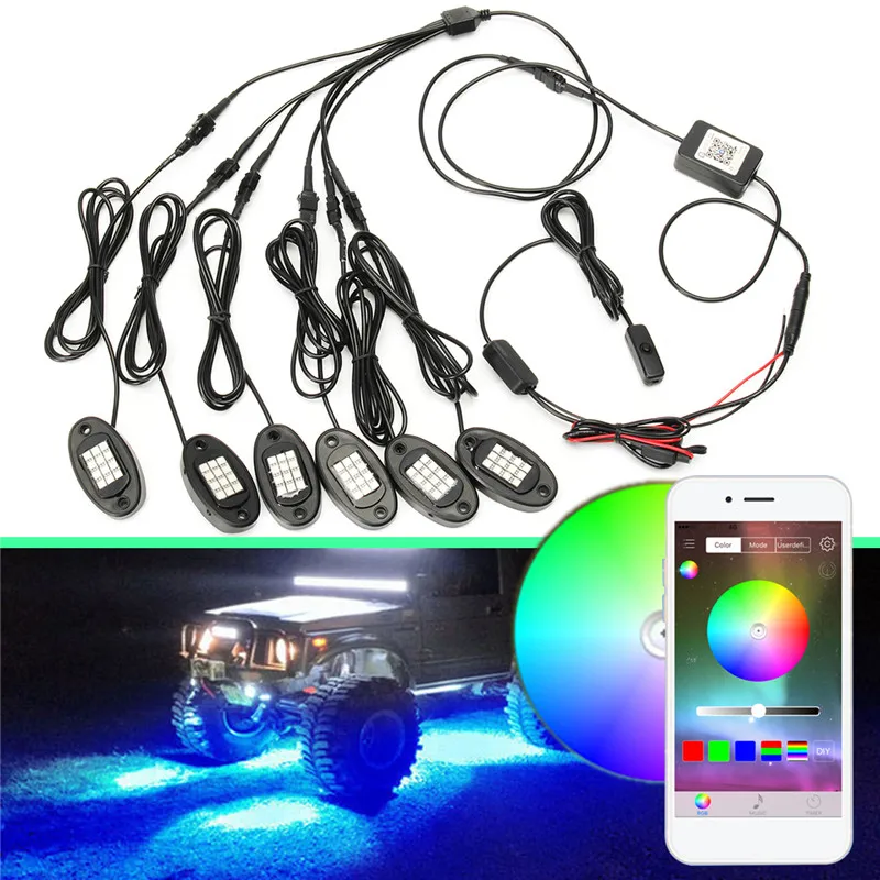 

6 In 1 LED Rock Light Under Body Light RGB Car Atmosphere Lamp Waterproof bluetooth Offroad Pickup SUV ATV Truck Rock Lamp