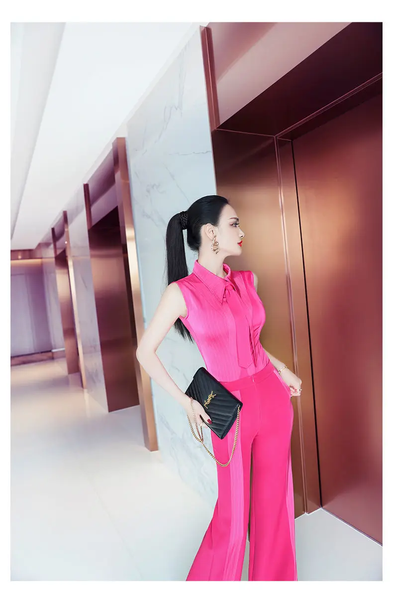 

Women 2021 Summer New Slim Sleeveless Shirt Tops +high Waisted Striped Flare Pant Two-Piece Suit Ladies OL Profession Suits B32