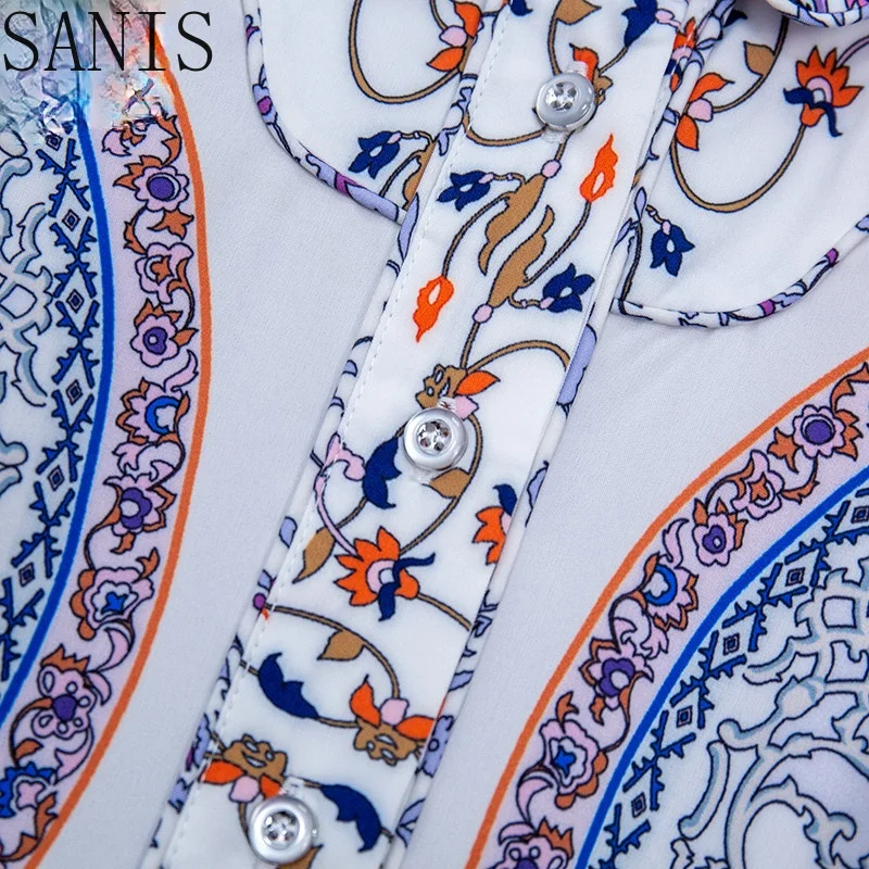 

Sanis New 2021 Fashion Designer Summer Dress Women Turn-down Collar Lace up Floral print Vintage Pleated Midi Dress