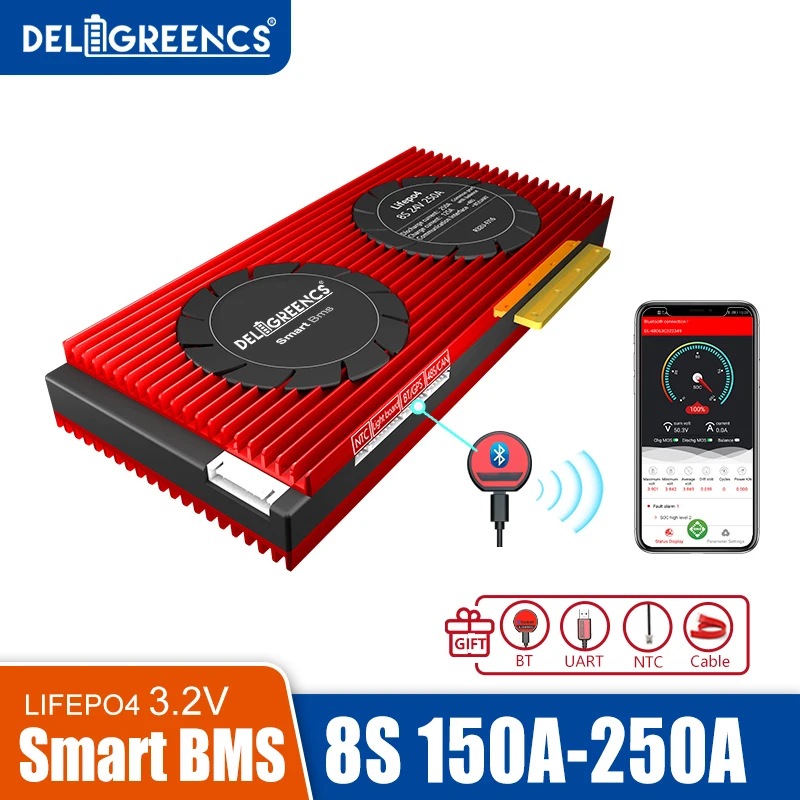 

High current Smart BMS 8S 24V 150A 200A 250A Bluetooth App rs485 by PC for 3.2V rated Lifepo4 BMS with NTC