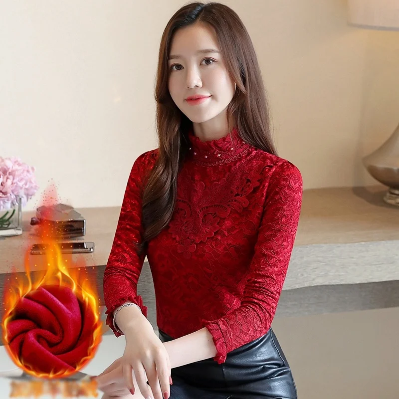 Women Blouse Shirt Plus Velvet Thick Lace Shirt Female Long Sleeve Slim Chiffon Blouse Fashion Women Blouses 2019