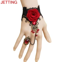 women vintage black lace bracelets red rose metal bracelets gothic style handmade lace bracelets with finger circle