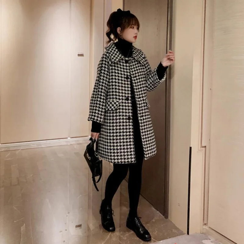 

Autumn Winter Woman New Houndstooth Woolen Coat Female Thick and Loose Streetwear Ladies Turn-down Collar Button Overcoat A168