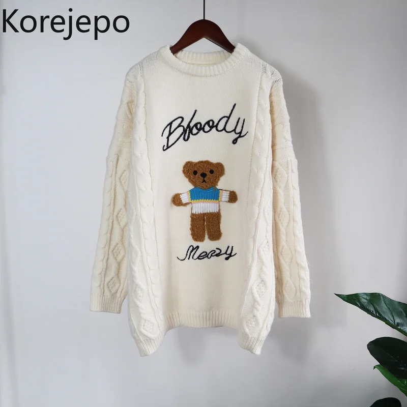 

Korejepo Women Cute Bear Sweater Pullover 2021 Autumn and Winter New Loose Twist Retro Japanese Style O-neck Female Knitted Top