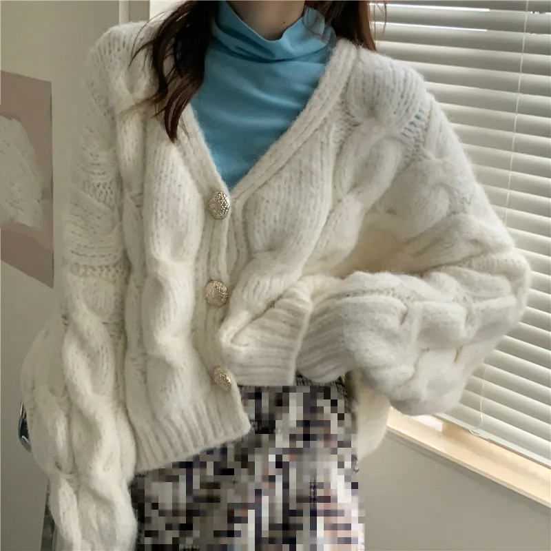 

Warm Sweater Women V-Neck Solid Thick Outwear 2021 Autumn Winter Tender Sweet Girl Loose Knitted Cardigan Female Tops