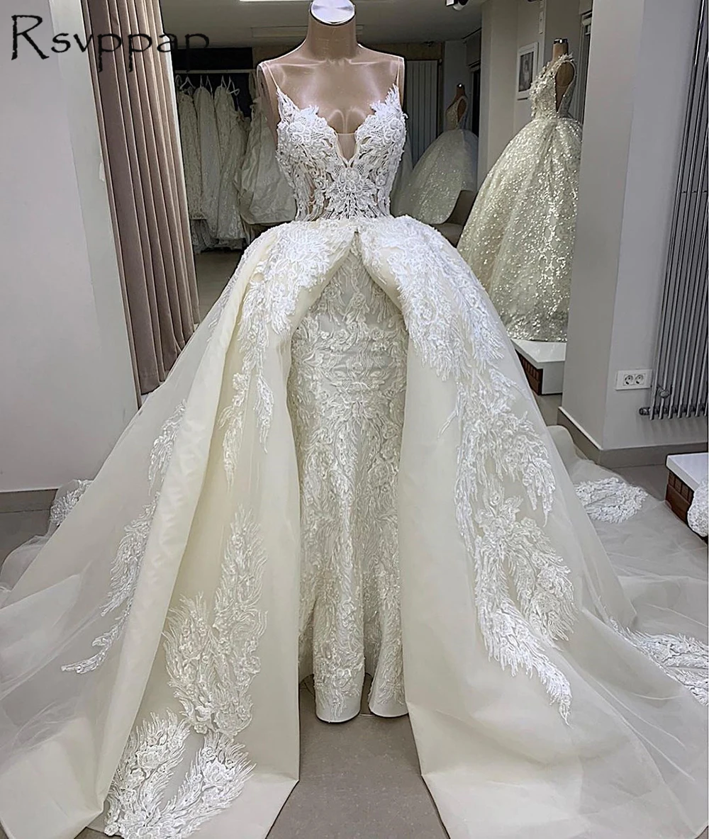 

Ivory Mermaid Long Wedding Dresses 2021 Luxury Beaded Lace African Girl Bridal Gowns With Watteau Train