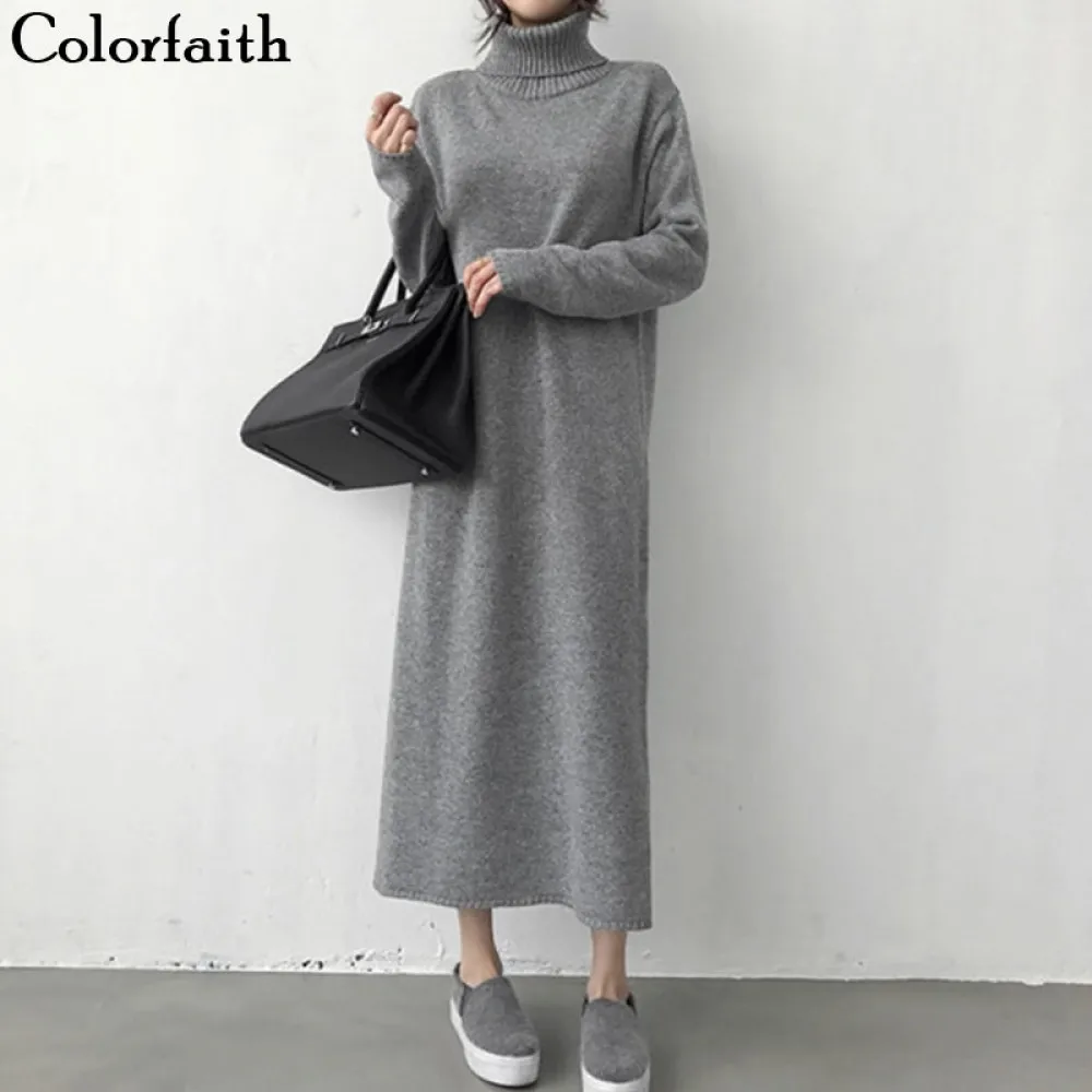 

Colorfaith New 2019 Autumn Winter Women Dresses Turtleneck Split Knitting Straight Korean Style Fashionable Elegant Dress DR6915