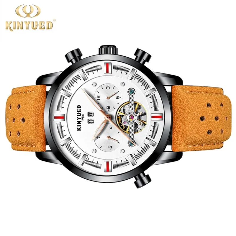 Натуральная KINYUED Jin Yueda мужской кожаный ремешок большой циферблат tourbillon