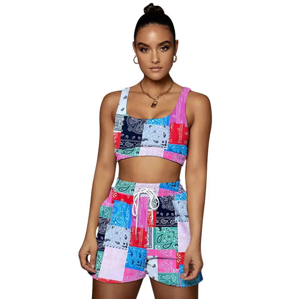 

Summer 2pcs Tops Shorts Slim Sexy Suit Womens Short Snickers Printed Hip-hop Beach Outdoor Sports Elastic Waist Ladies Fashion