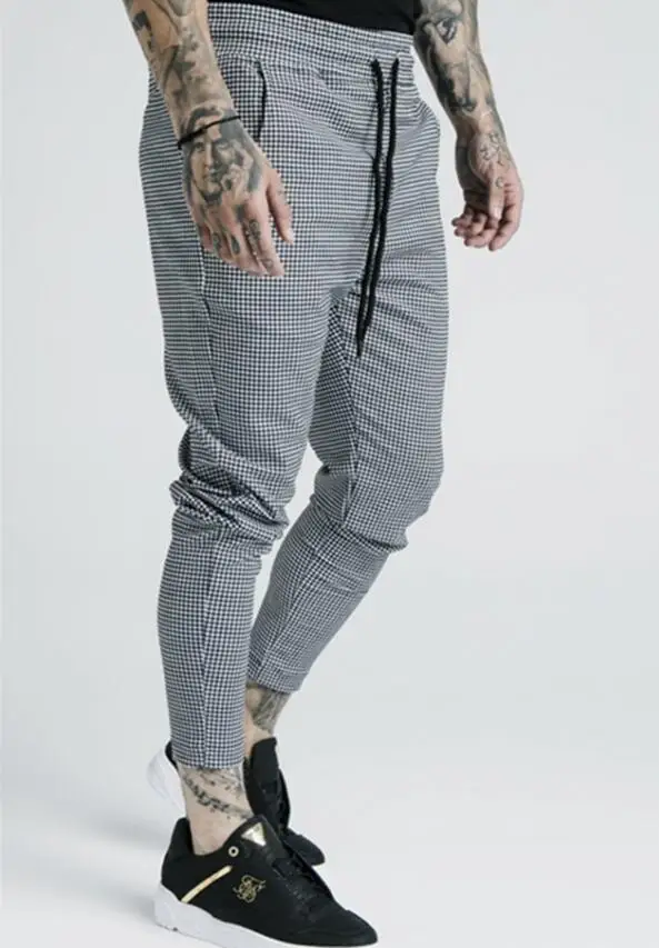 2019 Men's Fashion New Polyester Plaid Flocking Printing Casual Thin Sik Silk Sweatpants Street Hip-Hop Slim Trousers | Мужская