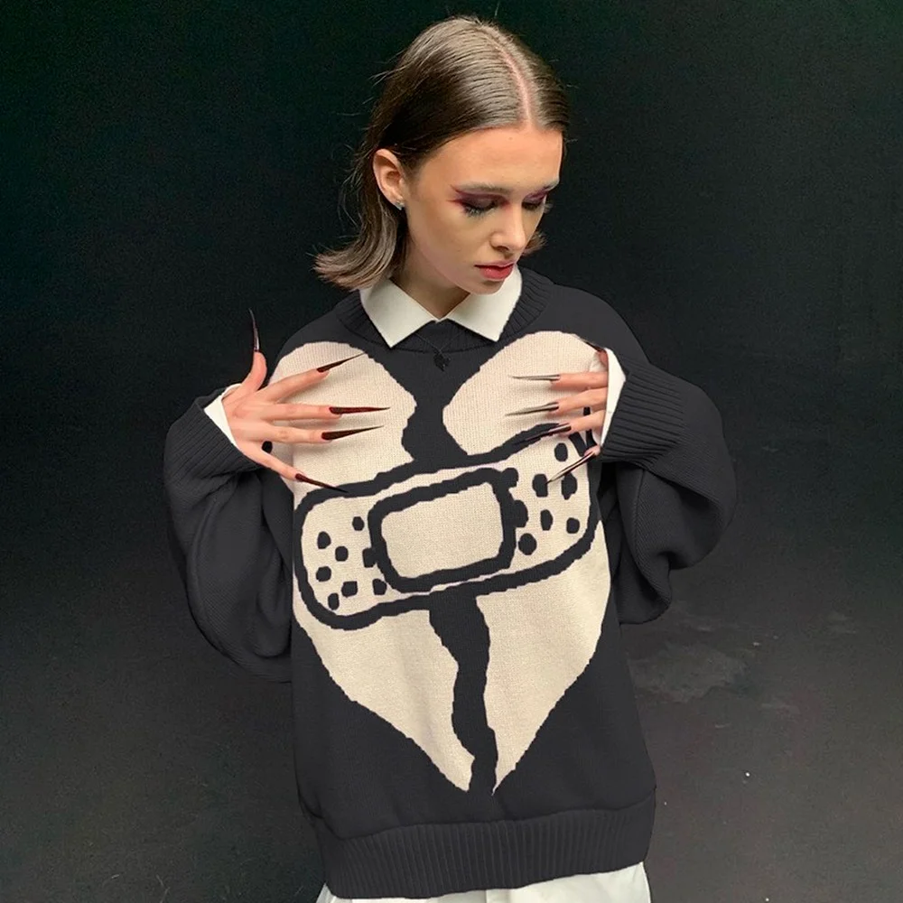 

Knitted Gothic Women Autumn Sweaters Harajuku E-girl Heart Printing Loose Pullovers Grunge Black Crewneck Streetwear