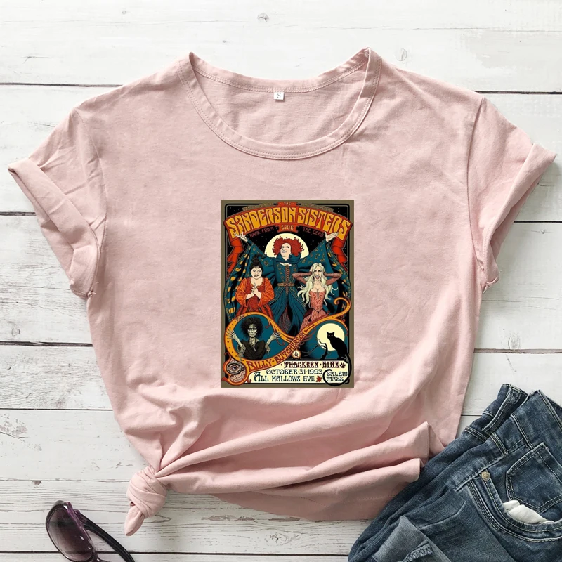 

Halloween Witches Card Colored Print T-shirt Trendy Women Graphic Tee Shirt Top Autumn Short Sleeve Holiday Party Tshirt Femme