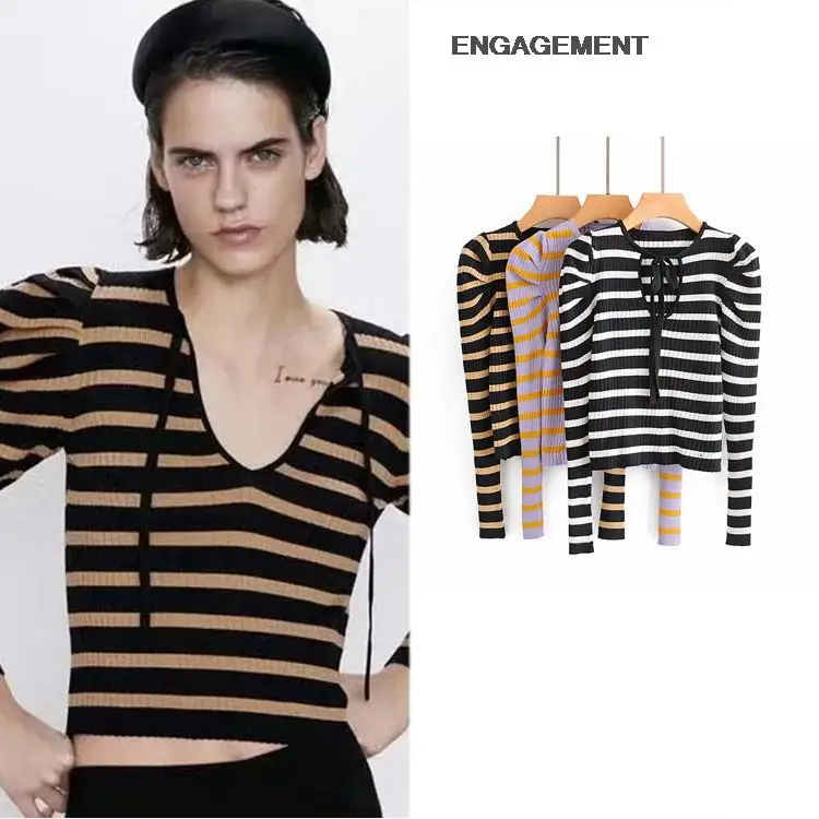 

ENGAGEMENT za 2021 female Fashion Striped Contrasting Color Sweater Knitwear women Autumn Slim Lace-up Top