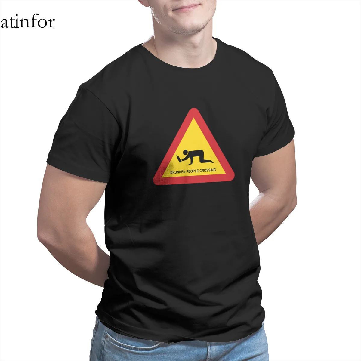 

DRUNKEN PEOPLE CROSSING TRAFFIC SIGN T-Shirt Games Funny Graphic Sleeve Streetwear Round Collar T-shirt 21645