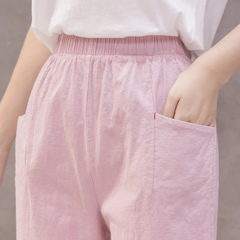 

Fashion Cotton Linen Ankle-length Pants New 2020 Women Spring Summer Thin Loose Casual Pant Breathable Green Pockets Trousers