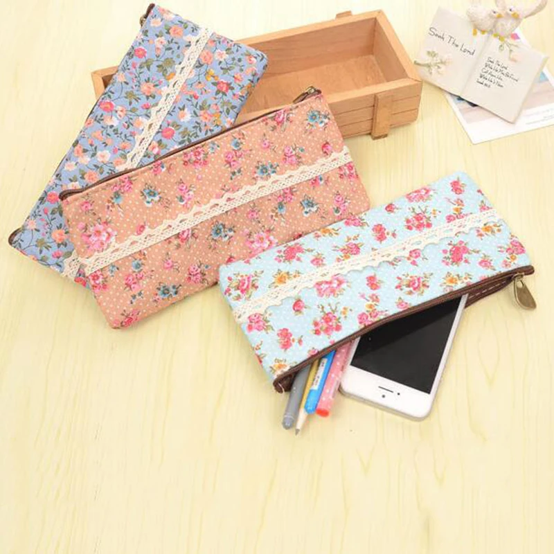 Пенал тканевый большой с цветочным рисунком креативный милый чехол для ручек и