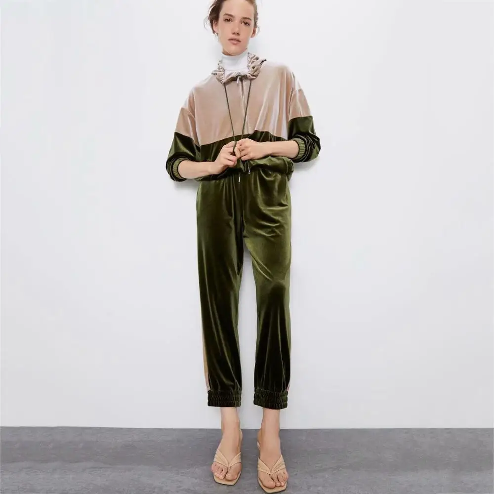 2019 Autumn Velvet Women's Suit Za Fashion Clothes Hoodies Pullover Patchwork Sweatshirt Sweatpants Hot Sale | Женская одежда