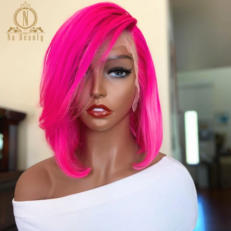 Ed Human Hair Wig Straight Ombre Rose Pink Color Short Bob Wigs Hd Transparent Lace Wigs For Women Nabeauty 180 Density