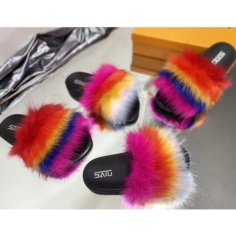 

Cross-border sales of one-word rainbow slippers outside the Fox fluffy slippers Europe and the United States women sandals.