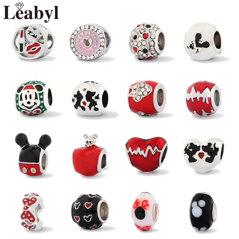 

Leabyl HOT Mix Style Mickey Minnie Charm fit Bracelet Red Enamel Crystal Heart Bead for DIY Jewelry Making Fashion Gift
