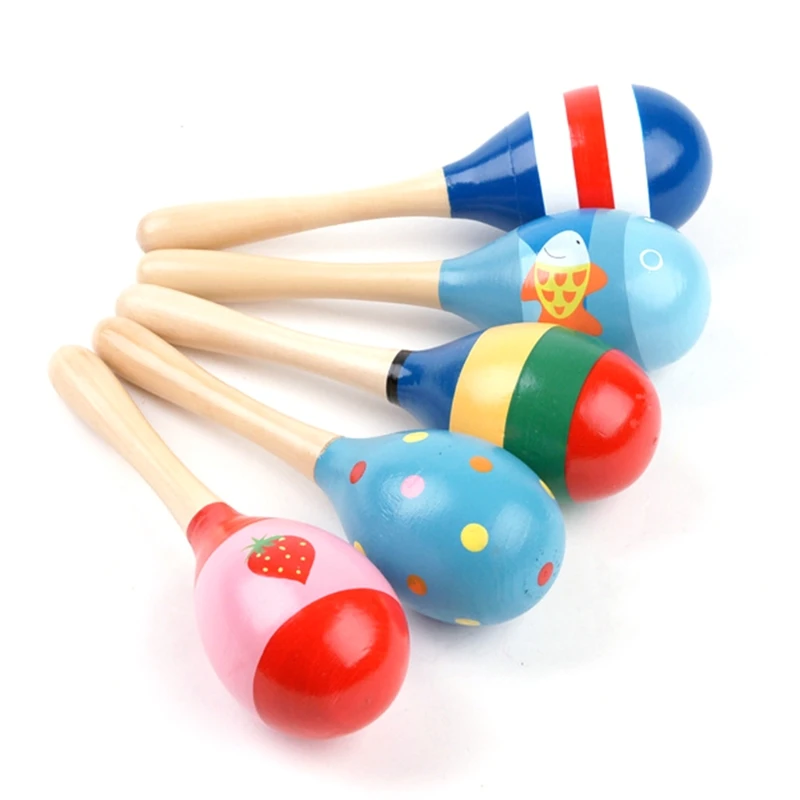 

85DE Baby Sensory Cognitive Handle Sound Wooden Color Cartoon Sand Hammer