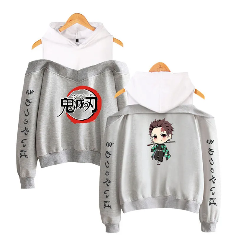 

Demon Slayer Kimetsu no Yaiba patchwork Hoodie girls Women Off Shoulder sexy hoodies Nezuko Kamado Cosplay Costumes top