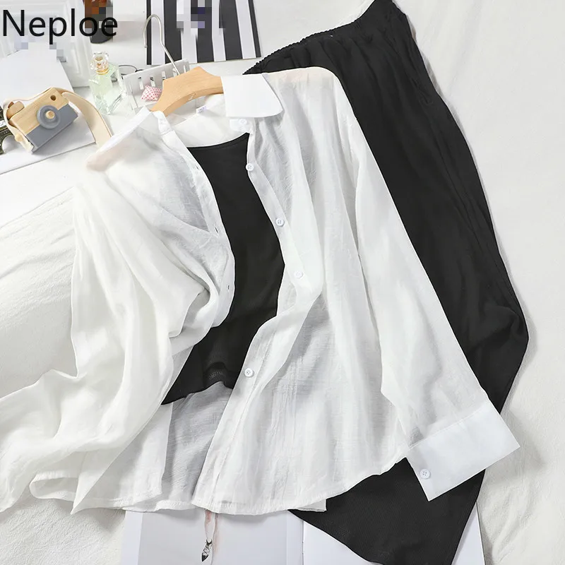 Neploe 3 Piece Set Women Single Breasted Long Sleeve Shirts+Basic Vest Sling+Elastic High Waist Wide Leg Pants Fashion Suits | Женская