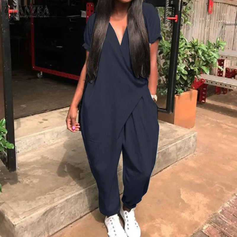 Plus Size Overalls Women's Jumpsuits 2021 ZANZEA Fashion Casual Harem Pants V Neck Button Playsuits Female Short Sleeve Romepers