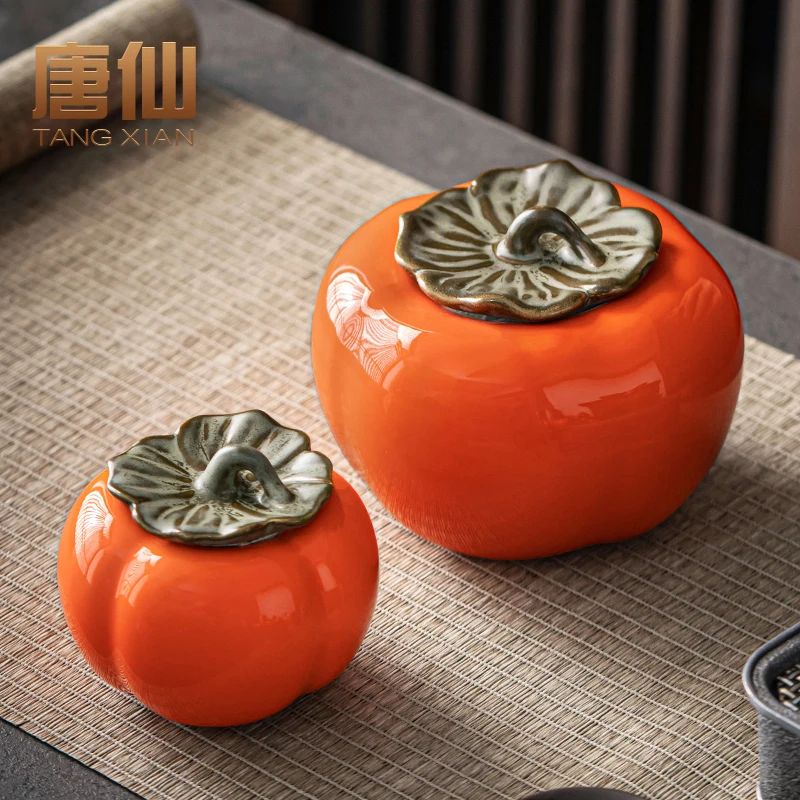 

Creative Portable Travel Tea Storage Jar Porcelain Tea Box Organizer Ceramic Tea Caddy Persimmon Caixa De Cha Tea Organize BC