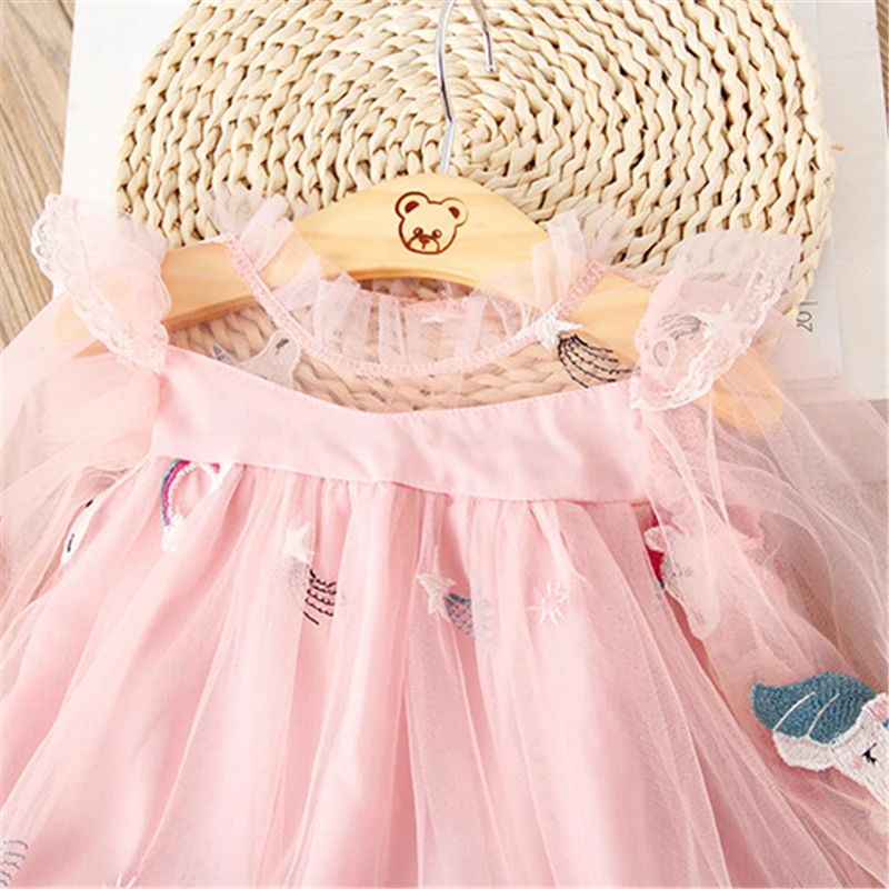 Весенне-летнее платье для девочек Новое Детское с единорогом Кружевное вышивкой