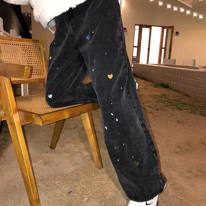 

Cute Heart Embroidery Pants Hip Hop Punk Boyfriend Jeans Summer High Waist Cool Harajuku Gothic Jeans Autumn Stright Trousers