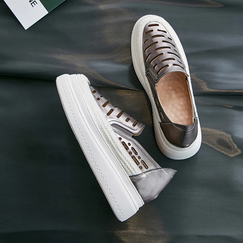 

Platform Shoes Woman Heels Net Women Slipon Flat Shoes 2021 Spring New Genuine Leather Office Lady Summer Shoes For Women