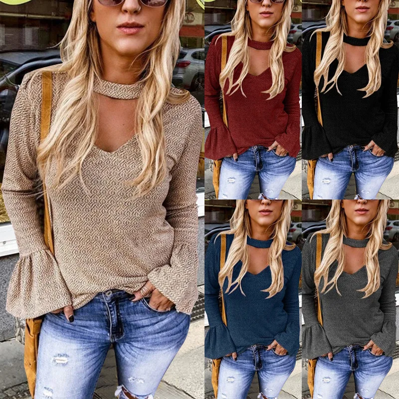

Women Fitted Flared Sleeve Printed T-shirt V-Neck Casual Outdoor Slim Socket Hollow Out Sexy Women Clothing Loose Street