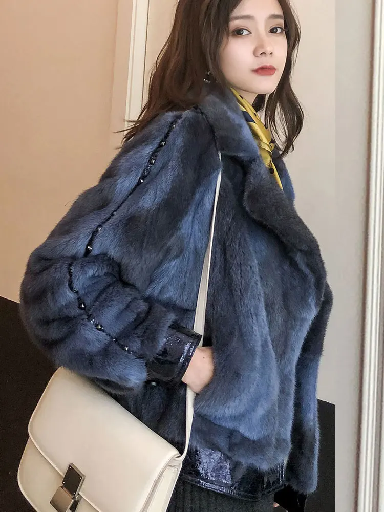 

Новинка зимняя женская куртка Модный Новый, пальто из натурального меха норки с заклепками, двубортная, плотная теплая верхняя одежда, модн...