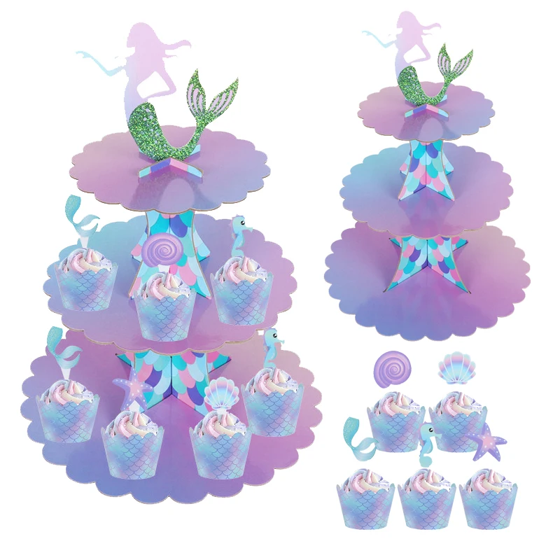 Русалки День рождения украшения 3-х уровневая Бумага торт Подставка под Sea