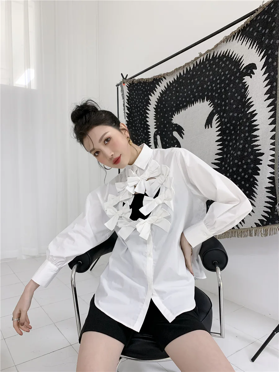 

SuperAen 2021 New Design Bow Hollow Out Solid Shirt Loose Office Lady Womens Tops