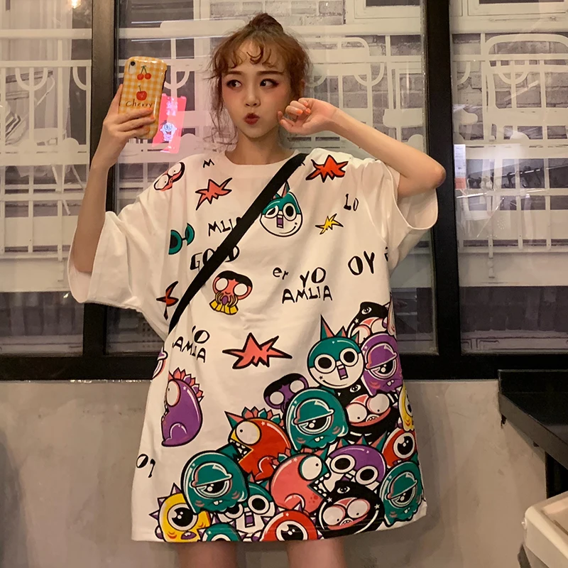 Летние женские футболки с мультяшным принтом винтажные длинные рубашки коротким