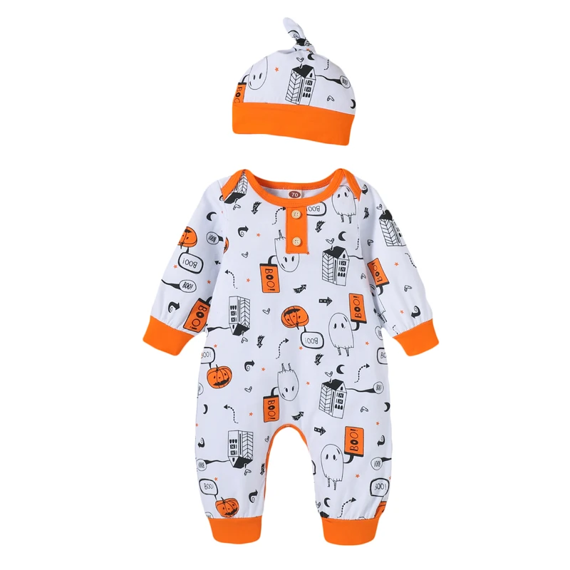 

Pudcoco 0-24M 2Pcs Baby Girls Boys Toddler Kids Fashion Cartoon Pumpkin Print Halloween Day Romper Jumpsuit+Hat Festival Costume