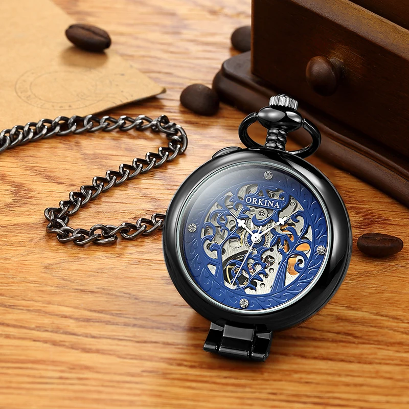 Golden Retro Antique Round Automatic Mechanical Pocket Watch Fob Chain Hand Winding for Men Women