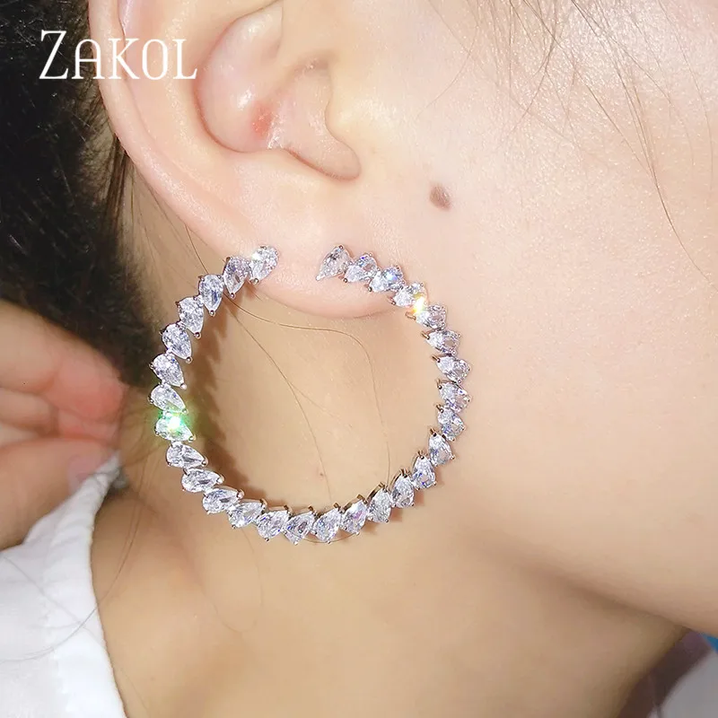 ZAKOL новые модные серьги-гвоздики с большими кругами, Прозрачная Круглая Форма, кубический цирконий, ювелирные изделия для женщин, подарок на день рождения, FSEP2033